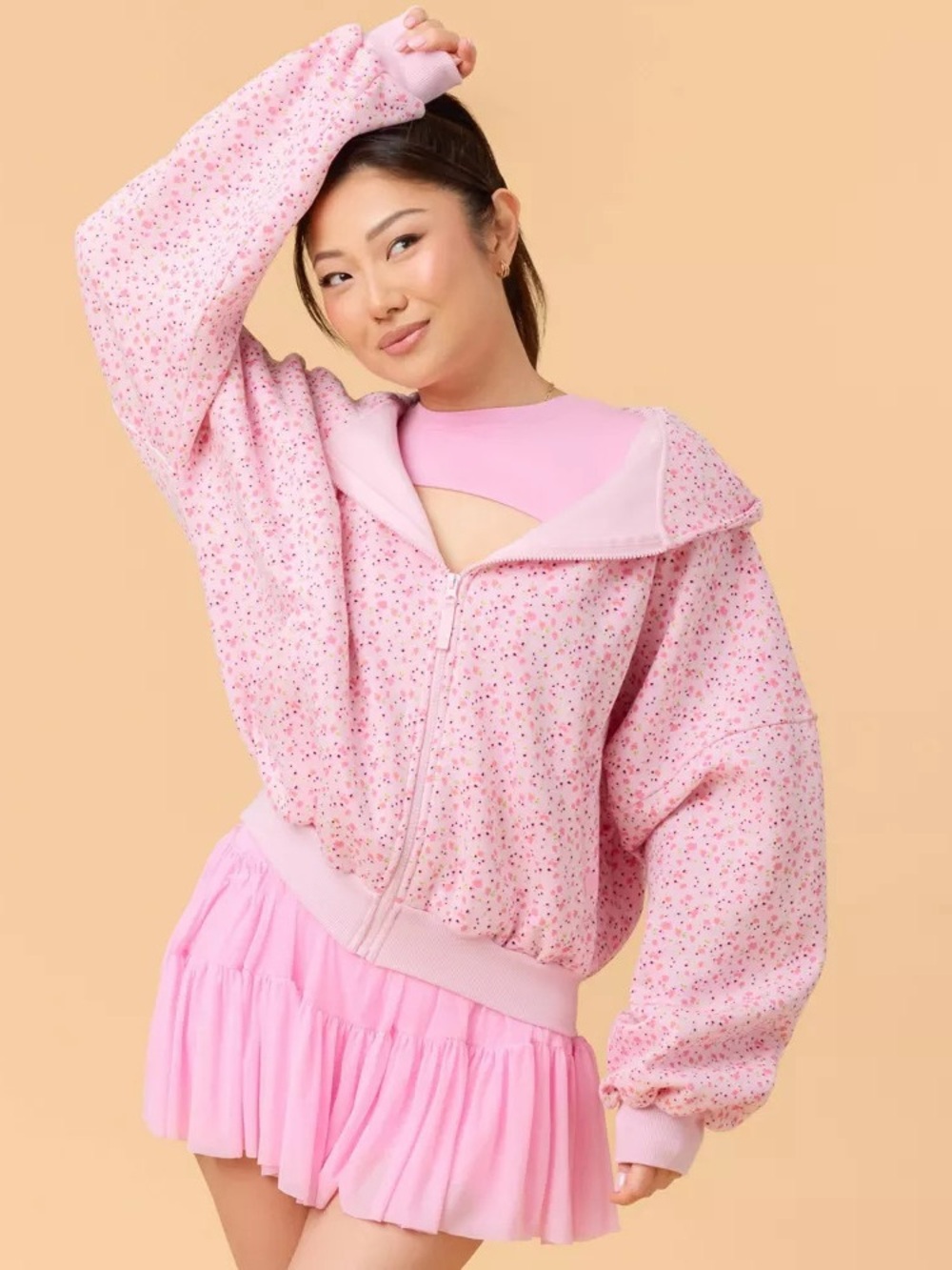 Blogilates Women Mommy & Me Marshmallow Full Zip Hooded Sweatshirt- Pink Floral